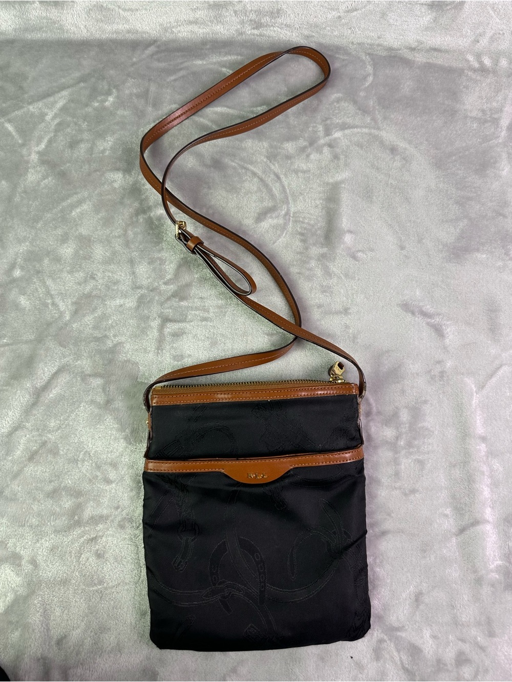 Ralph Lauren Black Nylon Messenger with Brown Leather Trim Equestrian